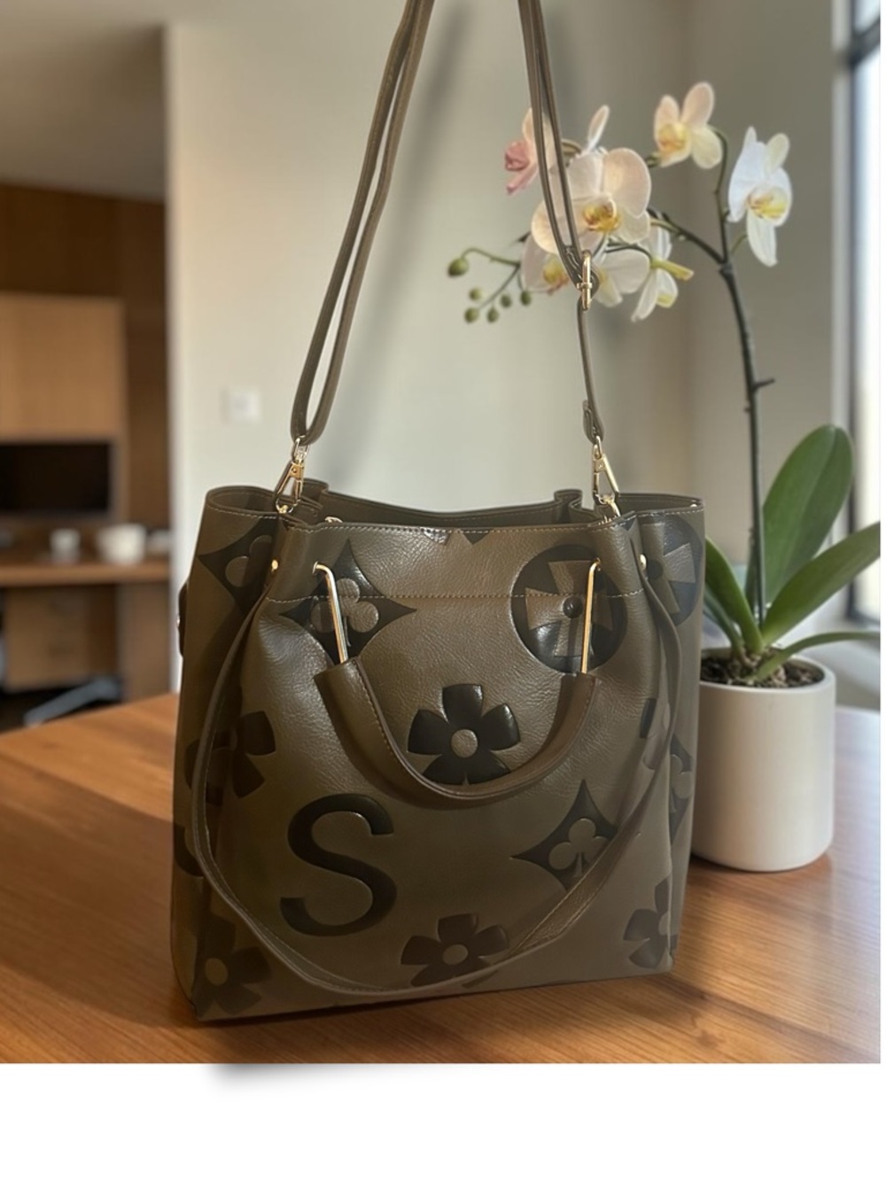 Olive  Fashion Bag & Matching Smaller Bag | Top-Handle Tote -  Crossbody Vegan